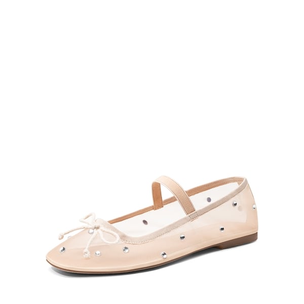 Sheer Mesh Rhinestones Ballet Flats - CREAM -  0